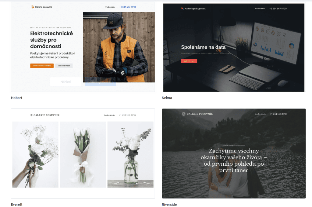 Ukázka čtyř šablon dostupných pro Website Builder