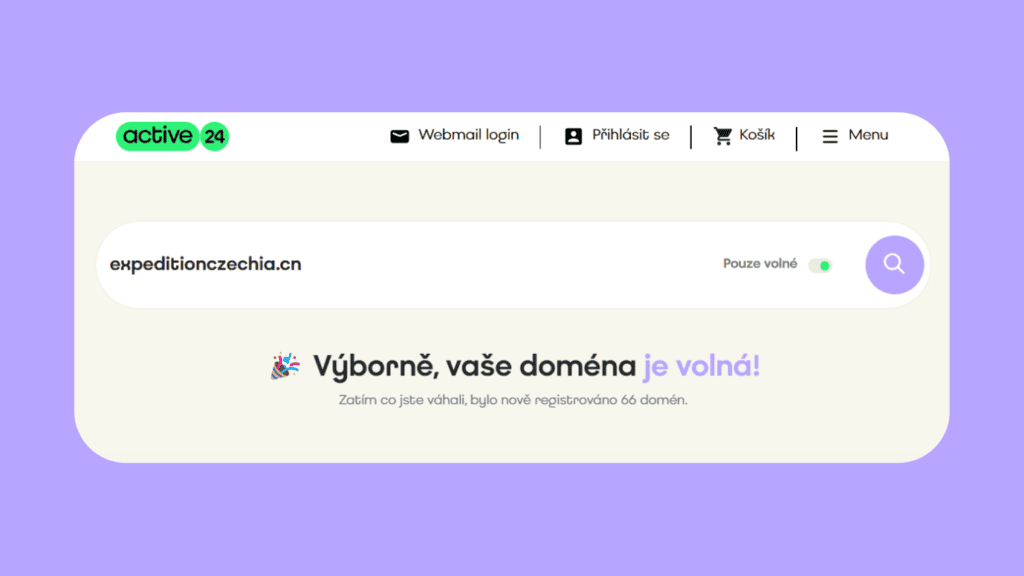 Printscreen rozhraní Active24 při testování, jestli je doména volná