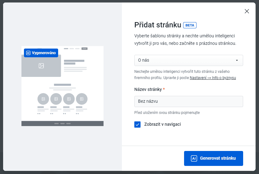 Ukázka rozhraní Website Builderu při generování podstránky za pomocí umělé inteligence