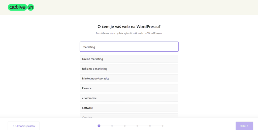 Náhled jednoho z počátečních kroků při instalaci WordPressu Active24 s AI asistentem. Výběr zaměření webu.